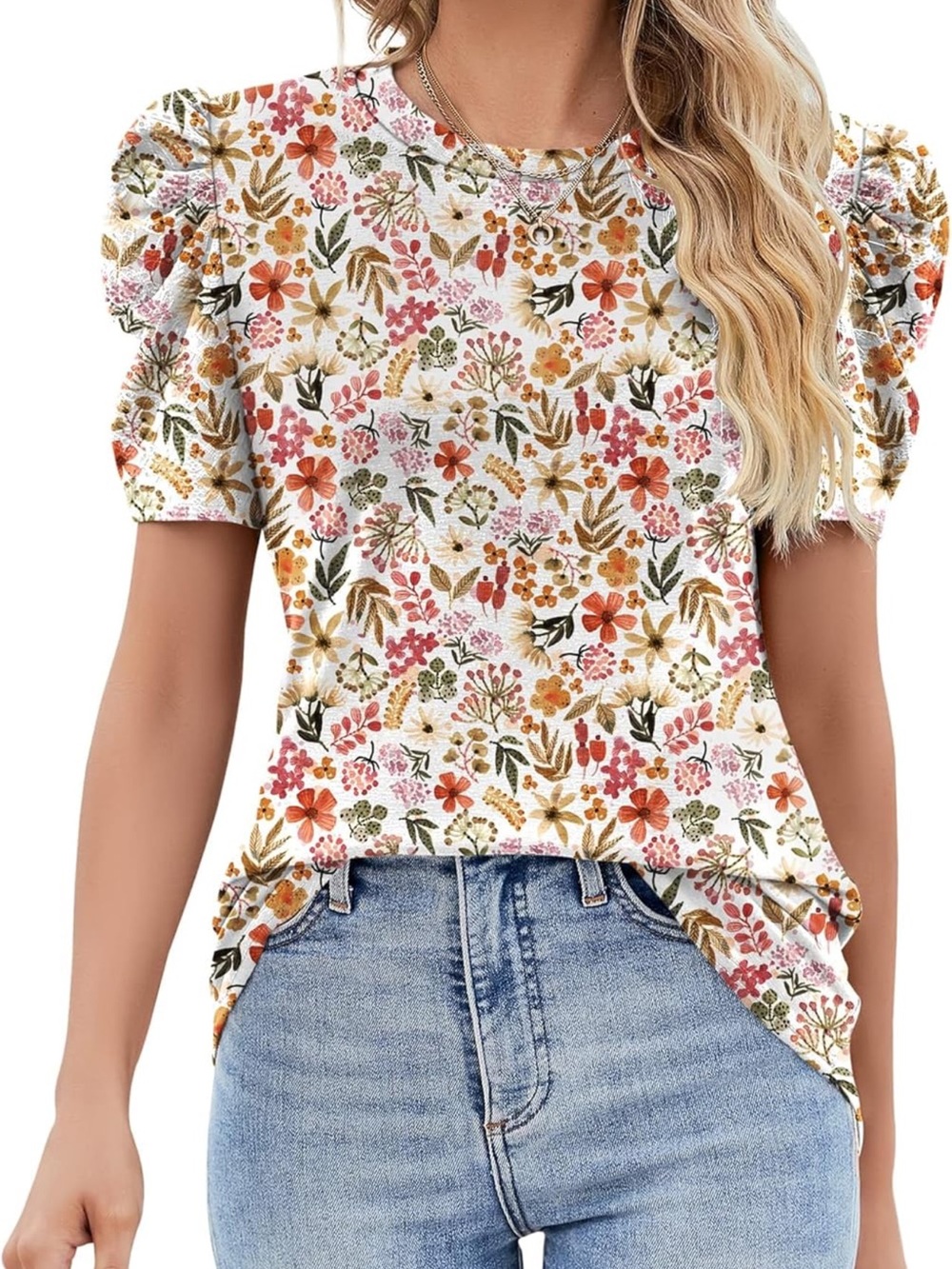 Floral Puff-Sleeve Short Sleeve Tee - White with Pink & Orange Floral